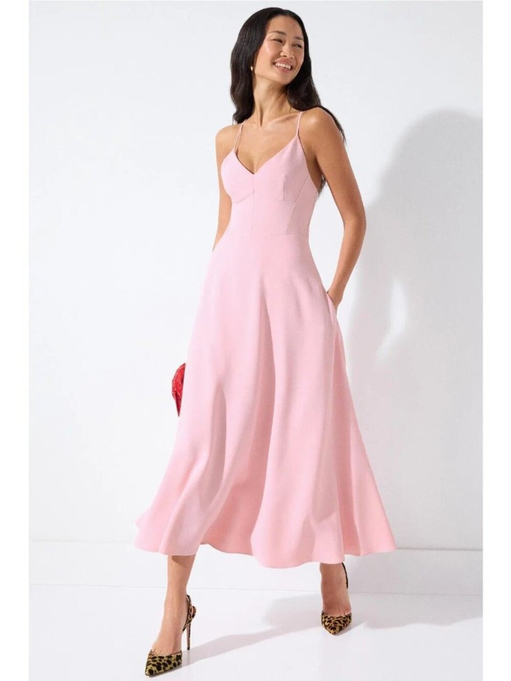 Alberta Ferretti Low Back Midi Dress in Pink Womens Fit and Flare
